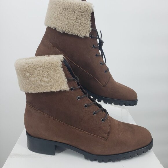 Brown Lace Up Ankle Boots Shearling Cuff Lug Sole Combat Booties - Picture 2 of 9